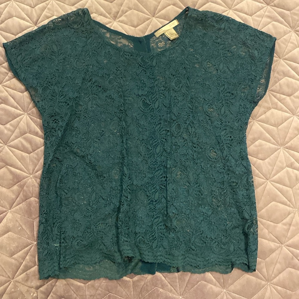 Emerald green lace top with buttons down back, size L